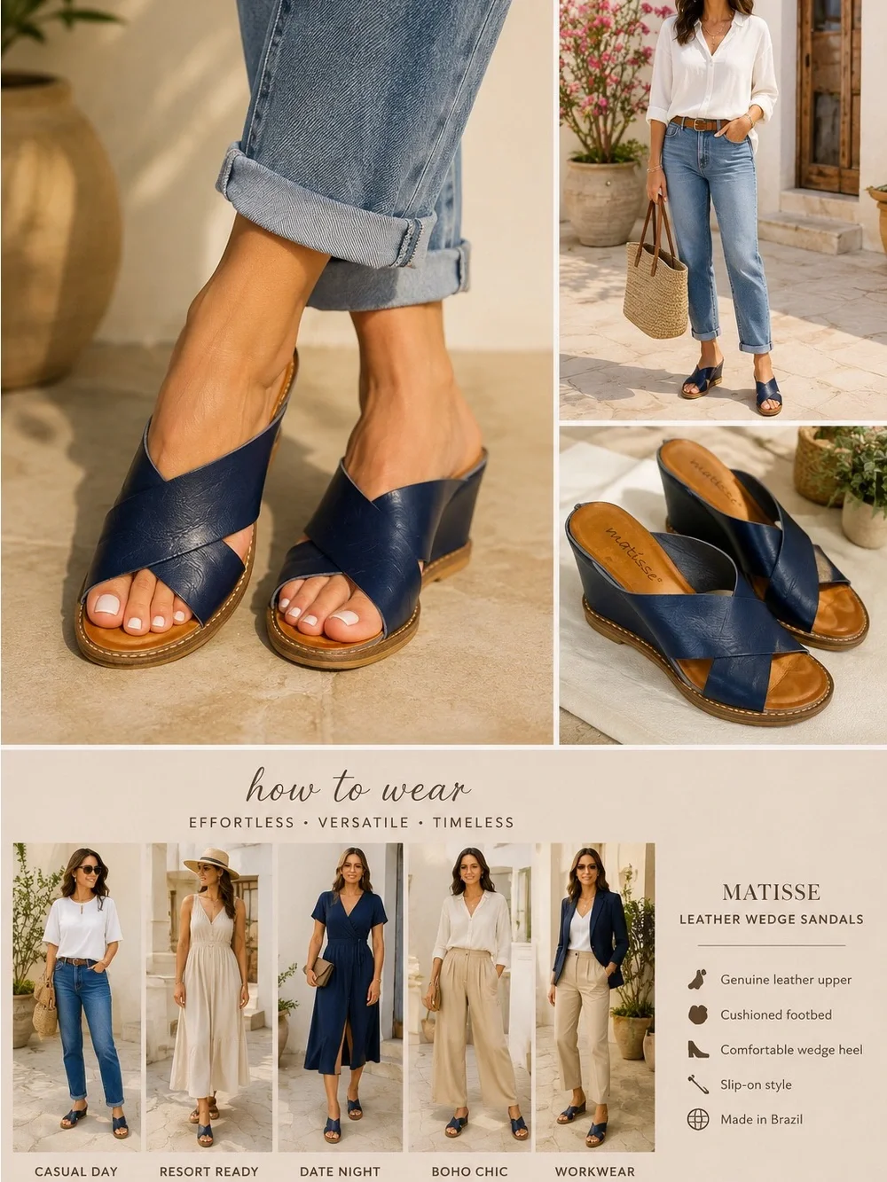 Matisse Navy Blue Genuine Leather Cross Strap Wedge Slide Sandals 7.5 Brazil